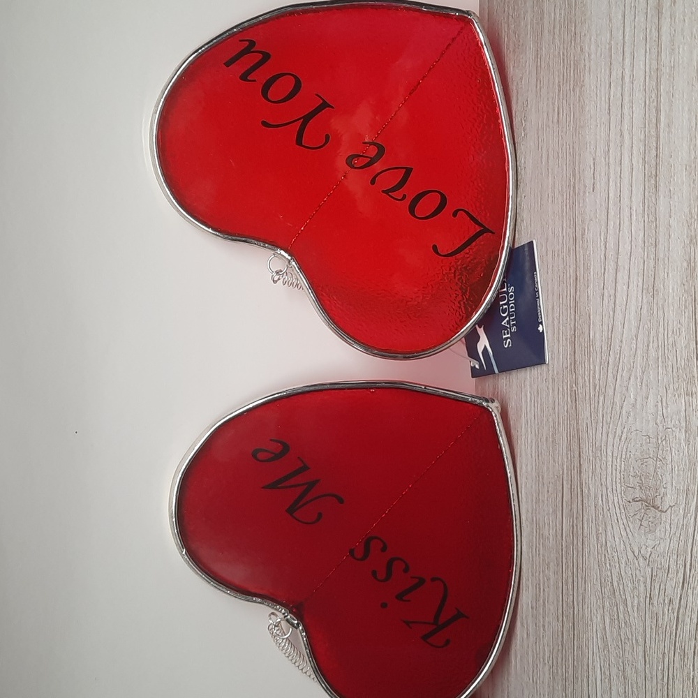 Love You Kiss Me Red Conversation Heart Glass Suncatcher Hanging Ornaments Set